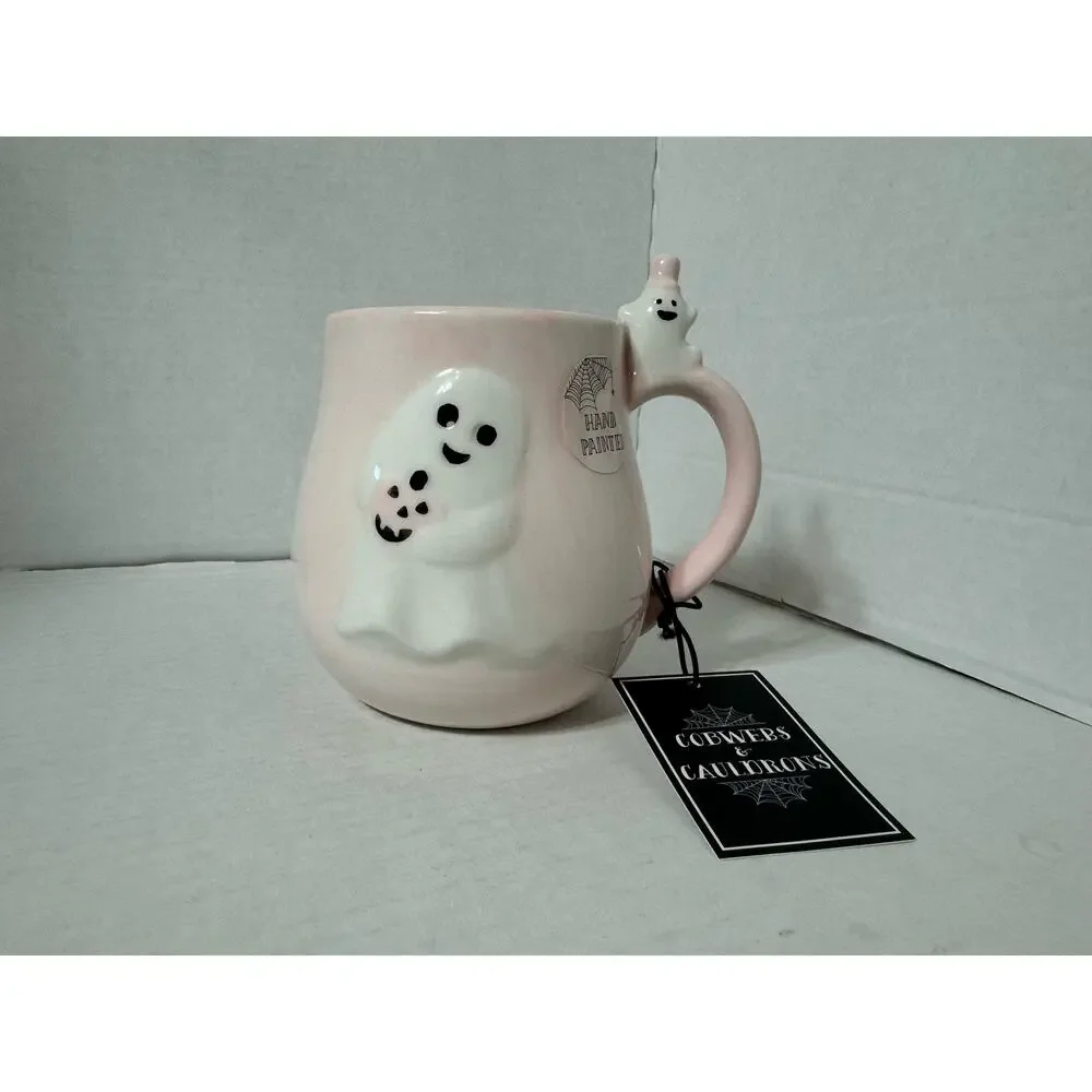 Cobwebs and Cauldrons Hand Painted Ghost Coffee Mug Pink Halloween
